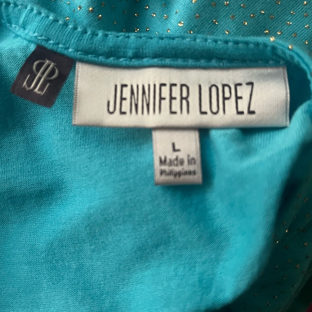 Jennifer Lopez Turquoise Blouse with Gold Dots